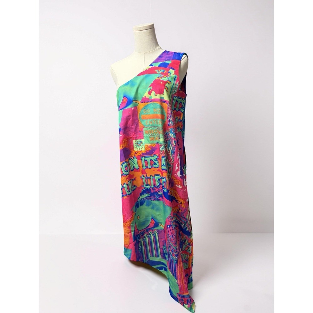 CHAOUICHE Women's Medium Neon Abstract One Shoulder Asymmetrical Dress NWT"